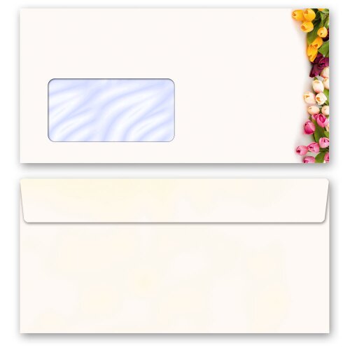 10 patterned envelopes COLORFUL TULIPS in standard DIN long format (with windows)