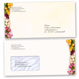 Enveloppes Fleurs & Pétales, TULIPES COLORÉES 10 enveloppes (avec fenêtre) - DIN LANG (220x110 mm) | Auto-adhésif | Commander en ligne! | Paper-Media