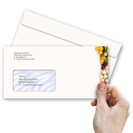 50 patterned envelopes COLORFUL TULIPS in standard DIN long format (with windows)