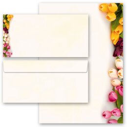 100-pc. Complete Motif Letter Paper-Set COLORFUL TULIPS Flowers & Petals, Stationery with envelope, Paper-Media
