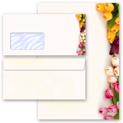 Briefpapier Set BUNTE TULPEN - 100-tlg. DL (mit Fenster) Blumen & Blüten, Briefpapier mit Umschlag, Paper-Media