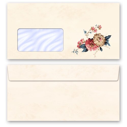 Enveloppes de motif Fleurs & Pétales, COURRIER FLEUR 50 enveloppes (avec fenêtre) - DIN LANG (220x110 mm) | Auto-adhésif | Commander en ligne! | Paper-Media