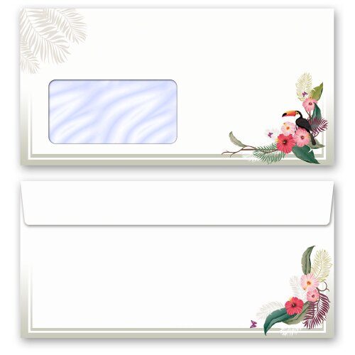 10 patterned envelopes SUMMER BRANCHES in standard DIN long format (with windows) Animals, Seasons - Summer, Summer motif, Paper-Media