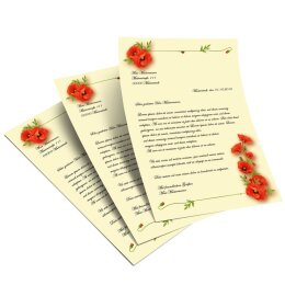 50 fogli di carta da lettera decorati FIORI DEL PAPAVERO DIN A5