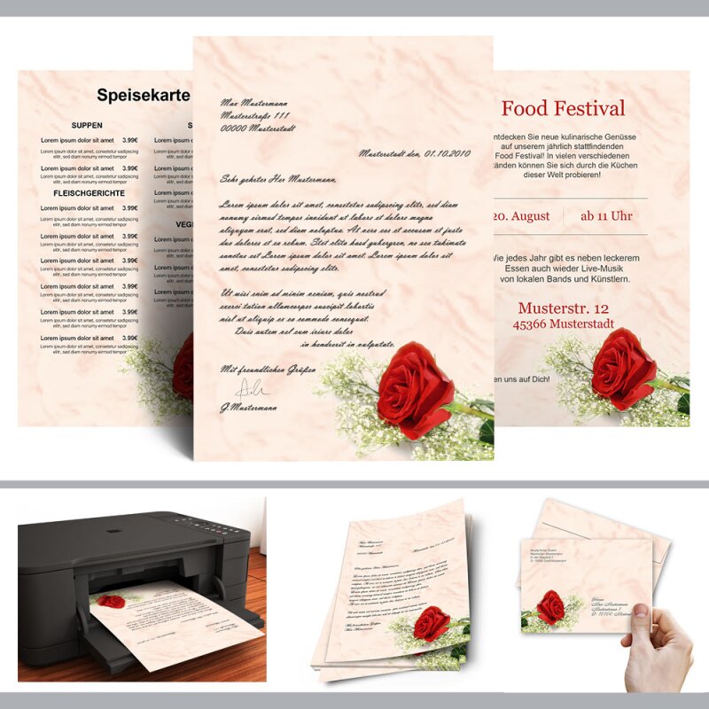 Fiori & Petali Amore & Matrimonio 100 fogli di carta da lettera decorati BACCARA ROSA Motivo rosa DIN A4 