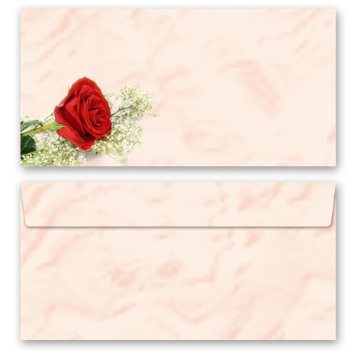 50 patterned envelopes RED ROSE in standard DIN long format (windowless) Flowers & Petals, Love & Wedding, Rose motif, Paper-Media