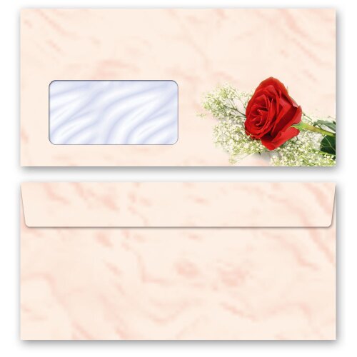 10 sobres estampados ROSA ROJA - Formato: DIN LANG (con ventana) Flores & Pétalos, Amor & Boda, Motivo de flores, Paper-Media