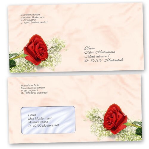 Motiv-Briefumschläge Blumen & Blüten, Liebe & Hochzeit, ROTE ROSE 10 Briefumschläge (mit Fenster) - DIN LANG (220x110 mm) | selbstklebend | Online bestellen! | Paper-Media