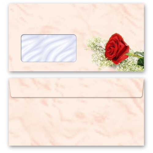 50 patterned envelopes RED ROSE in standard DIN long format (with windows) Flowers & Petals, Love & Wedding, Rose motif, Paper-Media