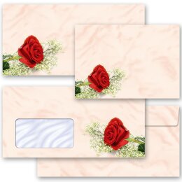 50 patterned envelopes RED ROSE in standard DIN long format (with windows)