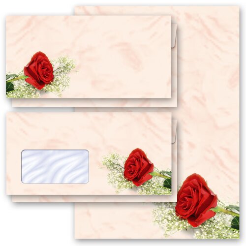 RED ROSE Briefpapier Sets Rose motif CLASSIC , DIN A4 & DIN LONG Set., BSC-8133