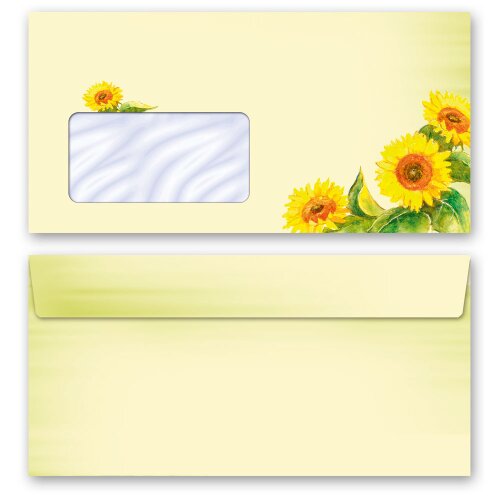 10 enveloppes à motifs au format DIN LONG - TOURNESOLS (avec fenêtre) Fleurs & Pétales, Été, Paper-Media