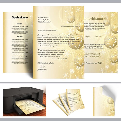 Briefpapier GOLDENE WEIHNACHTSKUGELN - DIN A4 Format 50 Blatt