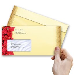 10 patterned envelopes RED CHRISTMAS STARS in standard DIN long format (with windows)