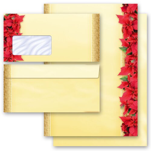 Motiv-Briefpapier Set ROTE WEIHNACHTSSTERNE - 40-tlg. DL (mit Fenster)