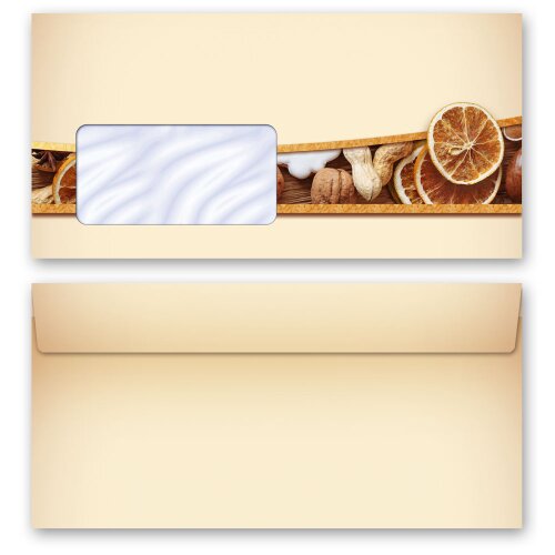 10 patterned envelopes CHRISTMAS NUTS AND ORANGES in standard DIN long format (with windows)