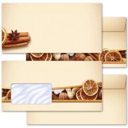 10 patterned envelopes CHRISTMAS NUTS AND ORANGES in standard DIN long format (with windows)