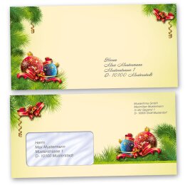 10 patterned envelopes CHRISTMAS DECORATIONS in standard DIN long format (windowless)