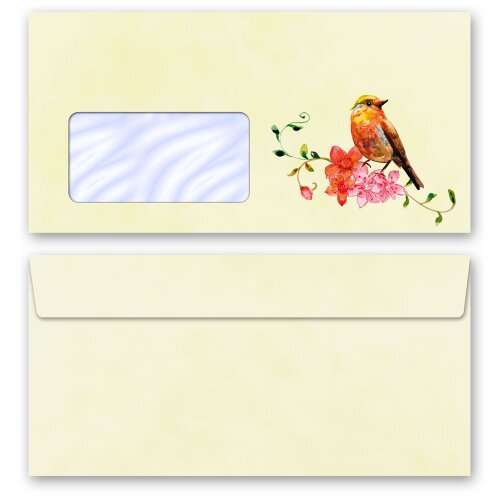 10 patterned envelopes BIRDS CHIRPING in standard DIN long format (with windows)