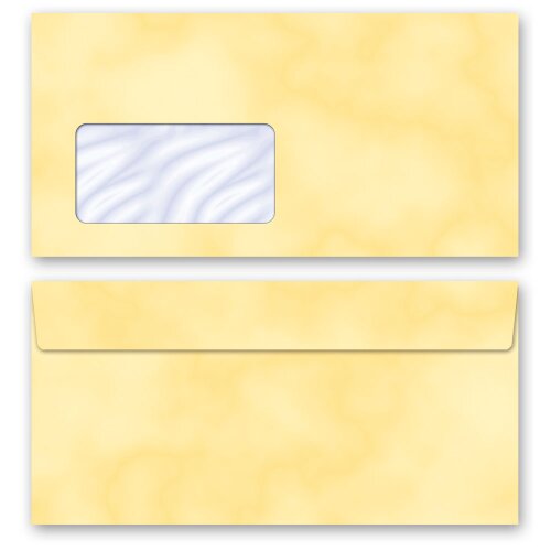 10 patterned envelopes MARBLE YELLOW in standard DIN long format (with windows)