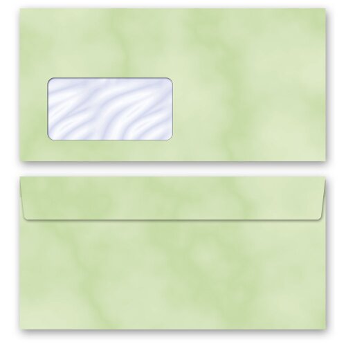 10 patterned envelopes MARBLE GREEN in standard DIN long format (with windows)