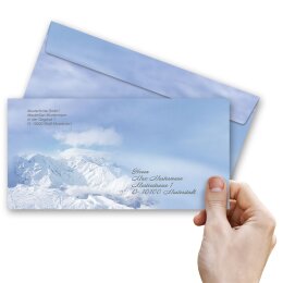 50 enveloppes à motifs au format DIN LONG - MONTAGNES IN NEIGE (sans fenêtre)