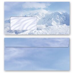 10 patterned envelopes MOUNTAINS IN THE SNOW in standard DIN long format (with windows)