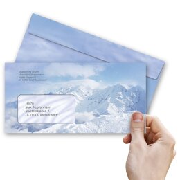 10 patterned envelopes MOUNTAINS IN THE SNOW in standard DIN long format (with windows)