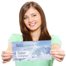 50 patterned envelopes MOUNTAINS IN THE SNOW in standard DIN long format (with windows)