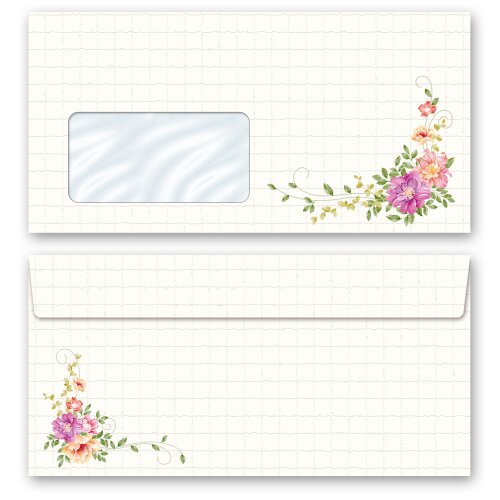 50 patterned envelopes FLORAL LETTER in standard DIN long format (with windows) Flowers & Petals, Flowers motif, Paper-Media