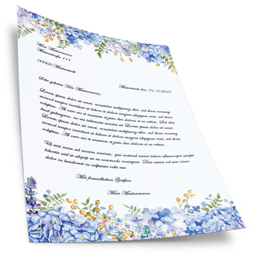 Briefpapier - Motiv BLAUE HORTENSIEN | Blumen & Blüten | Hochwertiges DIN A4 Briefpapier - 50 Blatt | 90 g/m² | einseitig bedruckt | Online bestellen!