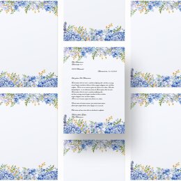 50 fogli di carta da lettera decorati ORTENSIE BLU DIN A4
