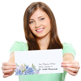 10 patterned envelopes BLUE HYDRANGEAS in standard DIN long format (windowless)