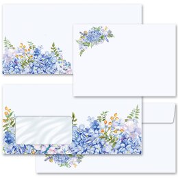 10 patterned envelopes BLUE HYDRANGEAS in standard DIN long format (windowless)