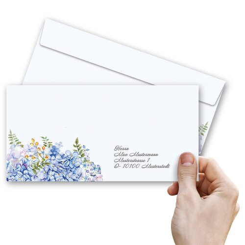 BLAUE HORTENSIEN Briefumschläge Blumenmotiv "CLASSIC" 50 Briefumschläge (ohne Fenster), DIN LANG (220x110 mm), DLOF-8358-50