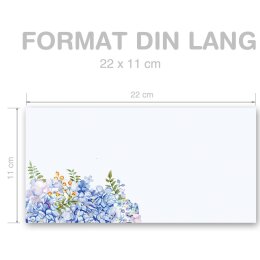50 patterned envelopes BLUE HYDRANGEAS in standard DIN long format (windowless)