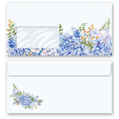 10 patterned envelopes BLUE HYDRANGEAS in standard DIN long format (with windows) Flowers & Petals, Flowers motif, Paper-Media
