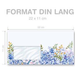 10 enveloppes à motifs au format DIN LONG - HORTENSIAS BLEUS (avec fenêtre)