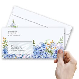 BLUE HYDRANGEAS Briefumschläge Flowers motif CLASSIC 10 envelopes (with window), DIN LONG (220x110 mm), DLMF-8358-10
