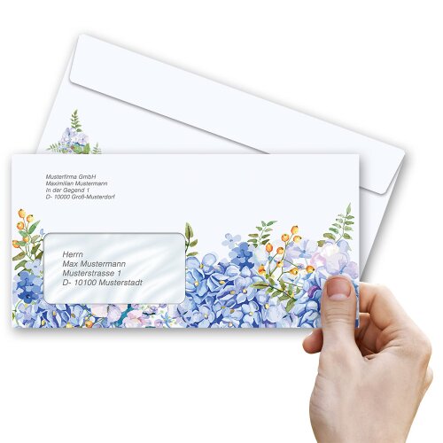 BLAUE HORTENSIEN Briefumschläge Blumenmotiv "CLASSIC" 50 Briefumschläge (mit Fenster), DIN LANG (220x110 mm), DLMF-8358-50