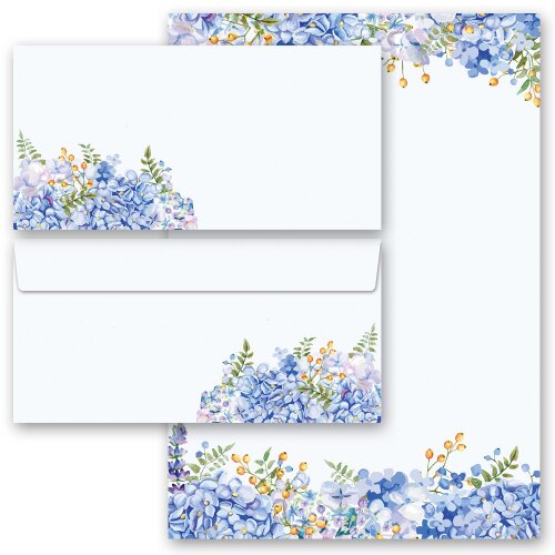 Motiv-Briefpapier-Sets Blumen & Blüten, BLAUE HORTENSIEN Briefpapier Set, 20 tlg. - DIN A4 & DIN LANG im Set. | Online bestellen! | Paper-Media