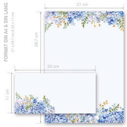 Briefpapier Set BLAUE HORTENSIEN - 100-tlg. DL (ohne Fenster)