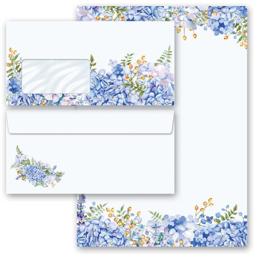 Motiv-Briefpapier-Sets Blumen & Blüten, BLAUE HORTENSIEN Briefpapier Set, 100 tlg. - DIN A4 & DIN LANG im Set. | Online bestellen! | Paper-Media