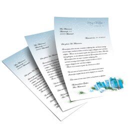 100 fogli di carta da lettera decorati REGALI DI NATALE BLU DIN A4