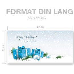 50 patterned envelopes BLUE CHRISTMAS PRESENTS in standard DIN long format (windowless)