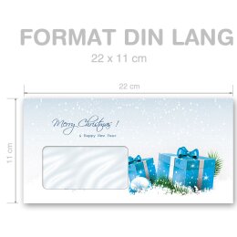 10 enveloppes à motifs au format DIN LONG - CADEAUX BLEUS DE NOËL (avec fenêtre)