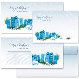 10 patterned envelopes BLUE CHRISTMAS PRESENTS in standard DIN long format (with windows)