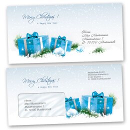 Motif envelopes Christmas, BLUE CHRISTMAS PRESENTS 50 envelopes (with window) - DIN LONG (220x110 mm) | Self-adhesive | Order online! | Paper-Media