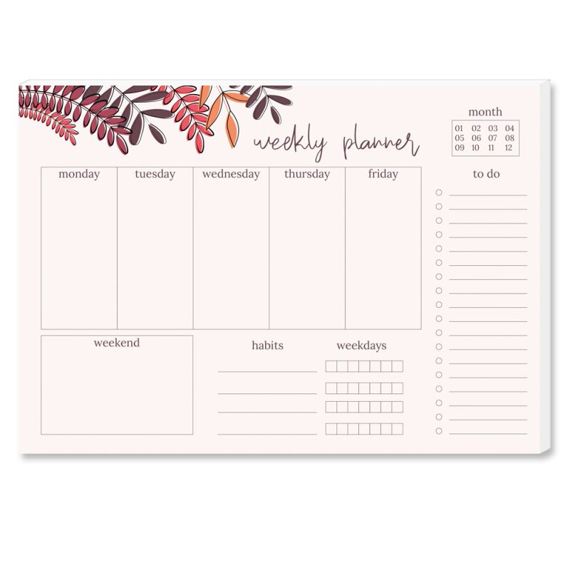 Weekly planner pad RED LEAVES, Notepad, Paper-Media