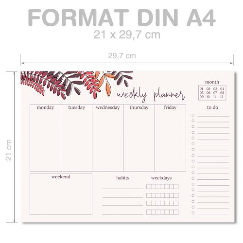Wochenplaner-Pad RED LEAVES | DIN A4 Format 1 Block